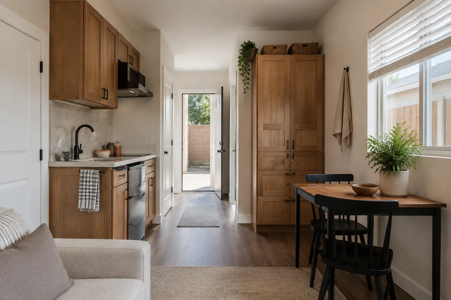 AI design concept of a compact Anaheim junior accessory dwelling unit interior with kitchen and dining area